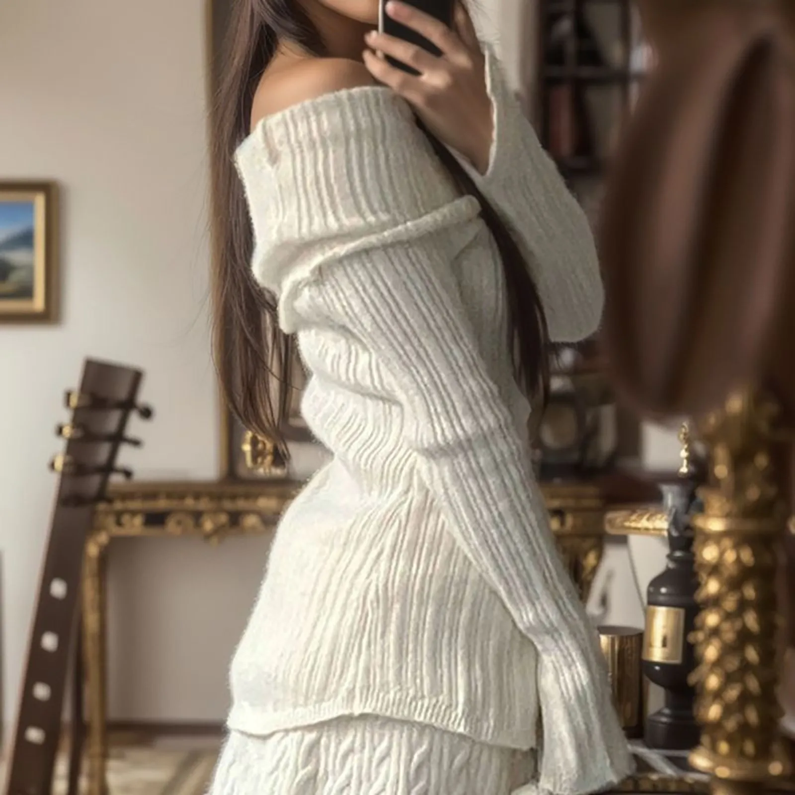 Елегантна Бяла жена пуловер с открити рамене, секси вязаный топ с дълъг ръкав, удобни пуловери