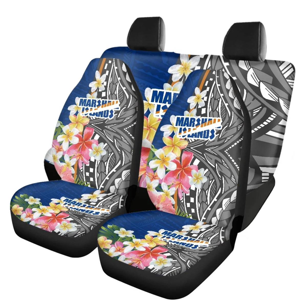Калъф за столчета за автомобил Polynesian Hibiscus Plumeria, Пълен комплект, 4 бр., Защита на предните/задните седалки, Изработени по поръчка Черен Салон на колата за жени и мъже
