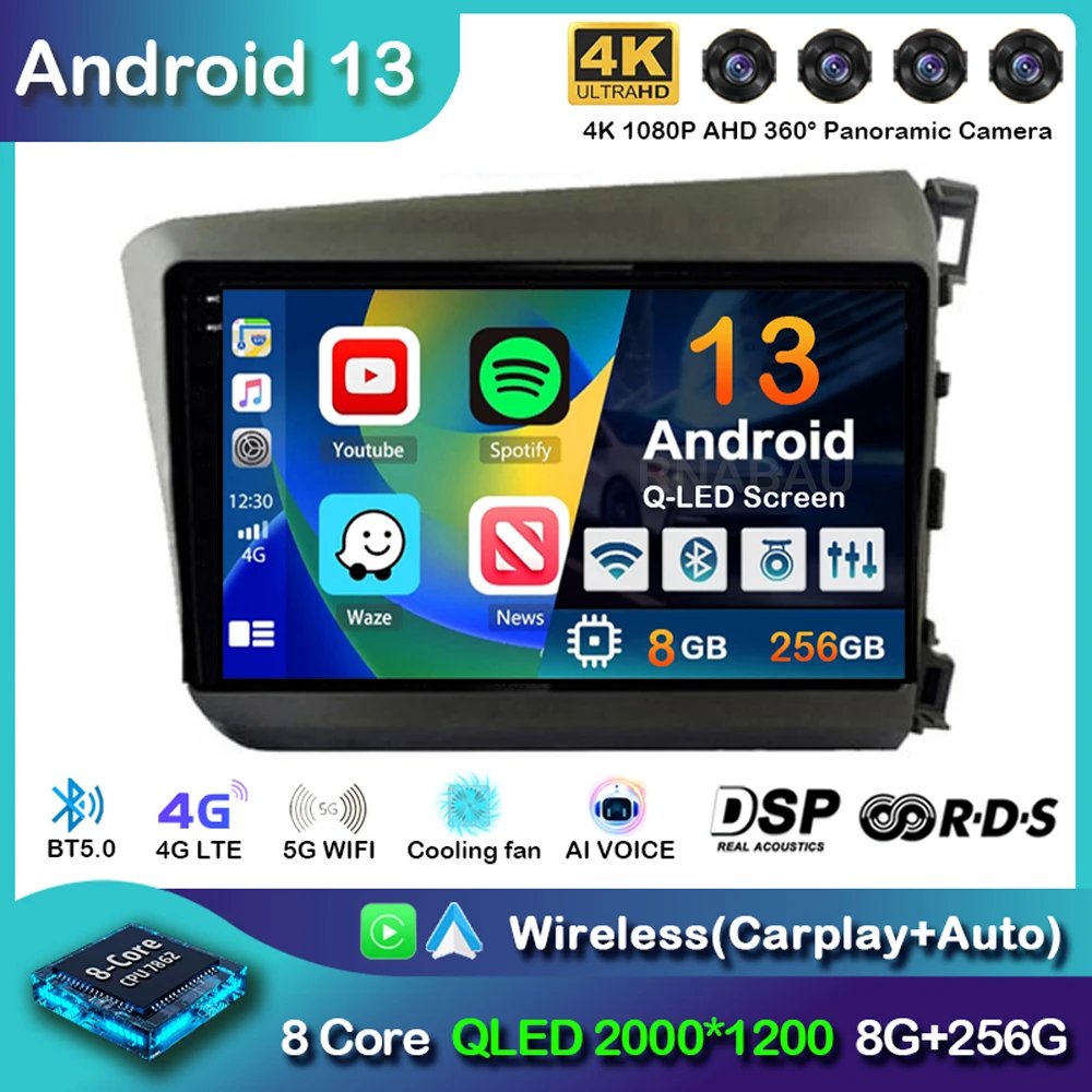 Android 13 Carplay Автомагнитола За Honda Civic 2012 2013 2014 2015 RHD Мултимедиен Плейър Стерео GPS Главното Устройство WIFI + 4G BT