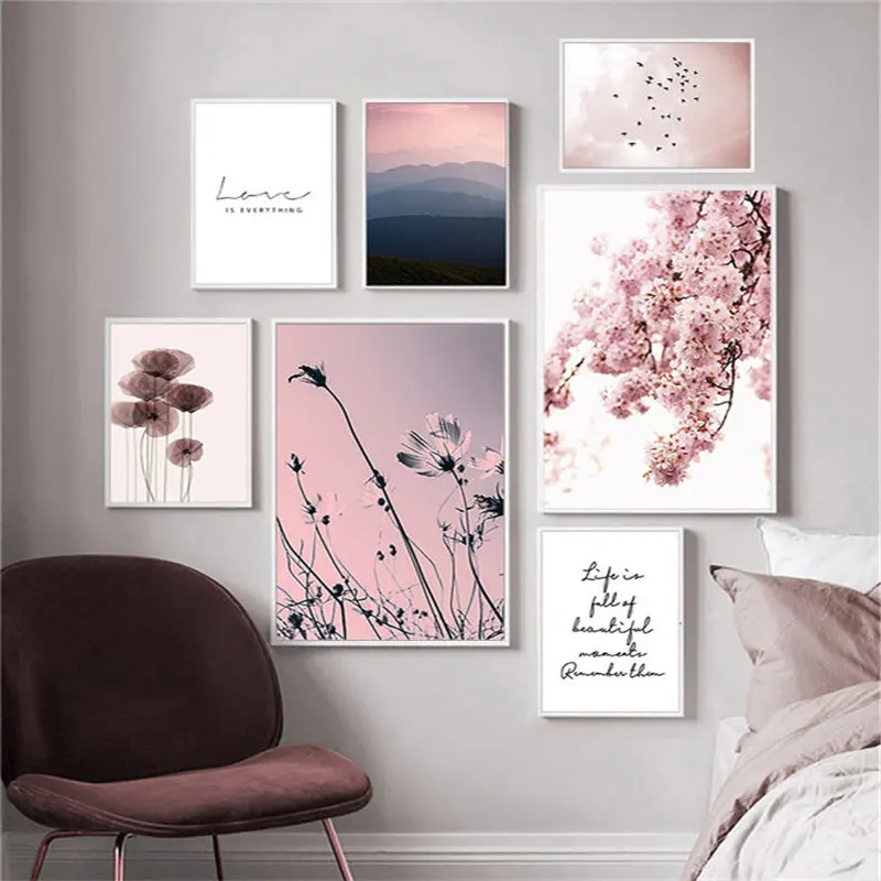 Плакати с природа в скандинавски стил, Розова череша с цветя и птици, монтиране на изкуството, платно, живопис, интериор за дневната, без рамка