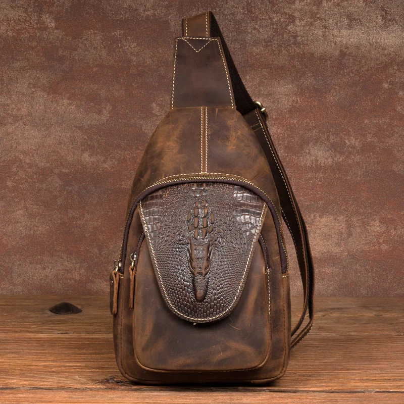 Индивидуалност нагрудная чанта с крокодиловым модел Crazy horse skin мъжки чанти baotou от телешка кожа в ретро стил, кожена нагрудная чанта