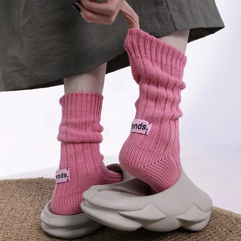 Терлици средна дължина, с розов етикет в ретро стил, обикновена Пролетно-есенно-зимни чорапи, домашни игли, изработени от памук, със средна дължина, с дебел конец
