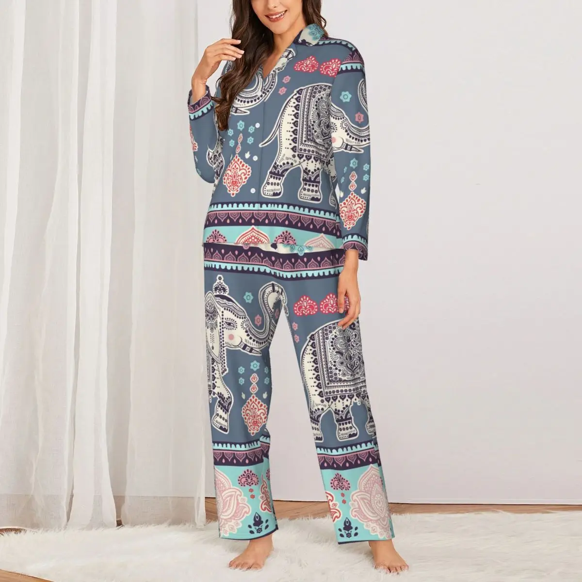 Пижами Дамски Ретро стил със Слон, ежедневни пижама с флорални принтом, 2 броя, Ретро пижамный комплект в стил ретро с дълъг ръкав, домашен костюм голям размер в ретро стил