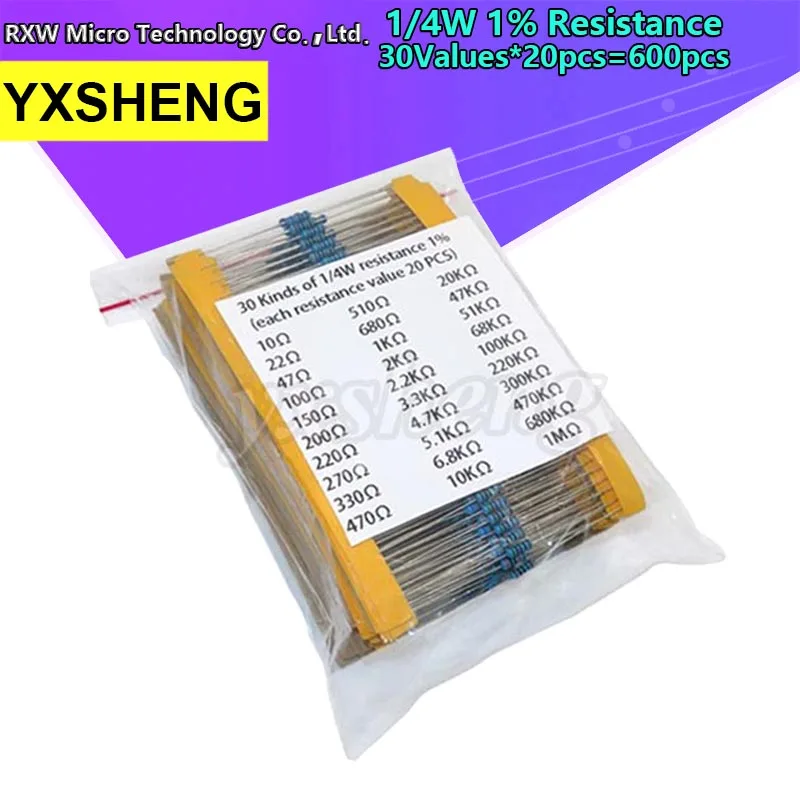 30 Вида Съпротива 1/4 W 1% Метален Филмът Резистор 600 бр./компл. В опаковката са Разнообразни от 1 До 10 На 100 До 220 Ома 1 М Резистори