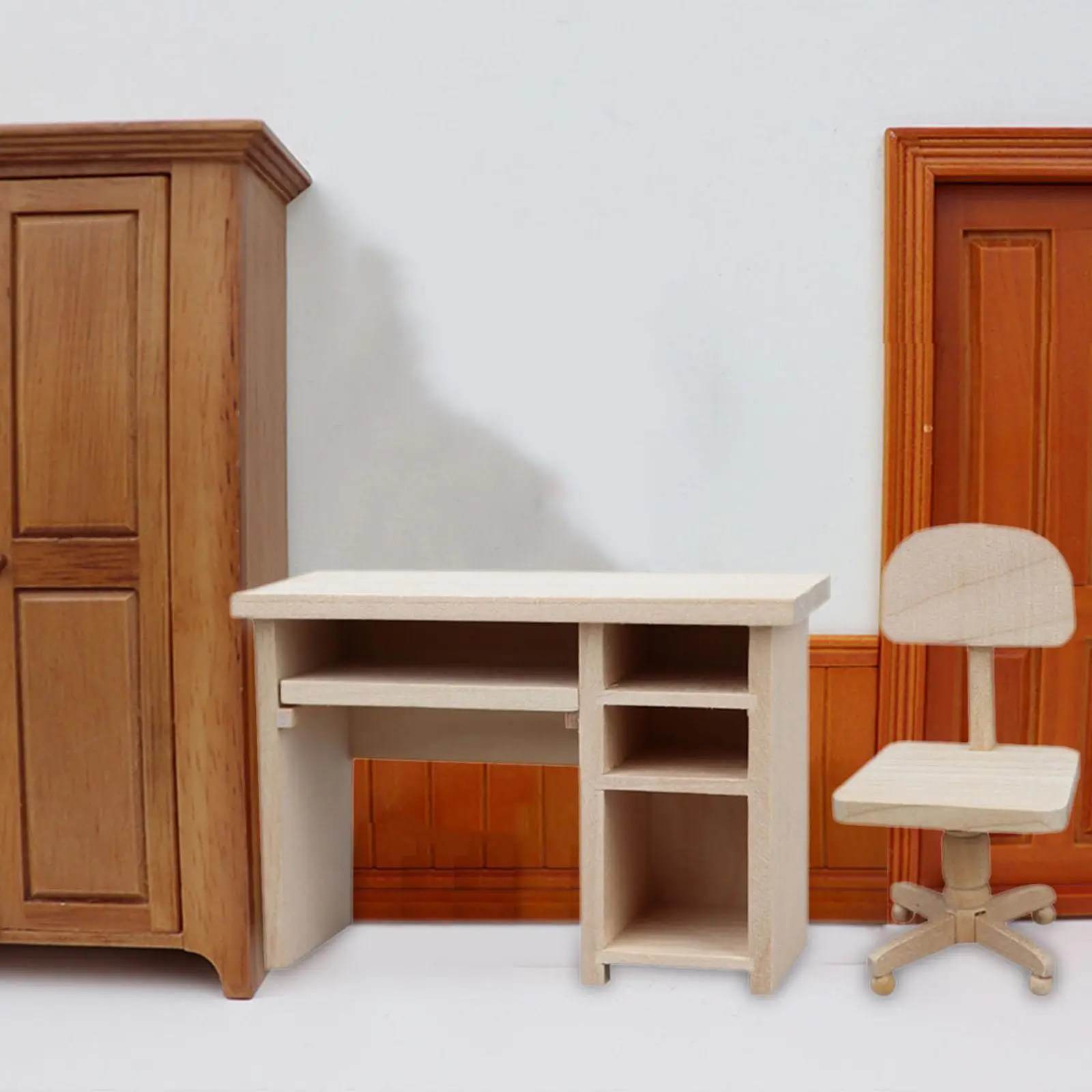 1/12 Мини-офис маса и стол, мебели за куклена къща, ръчно изработени аксесоари