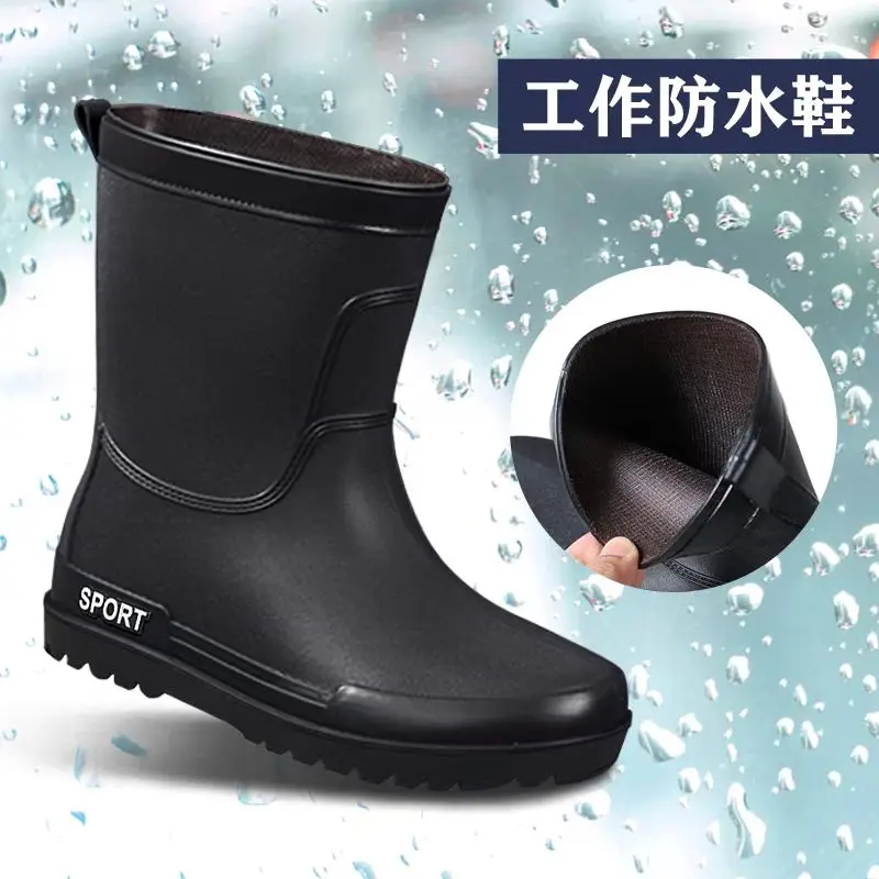 Нови нескользящие непромокаеми обувки, със средна дължина, мъжки външни непромокаеми обувки, износостойкая каучукови обувки плюс памучен работна водоустойчив обувки за риболов