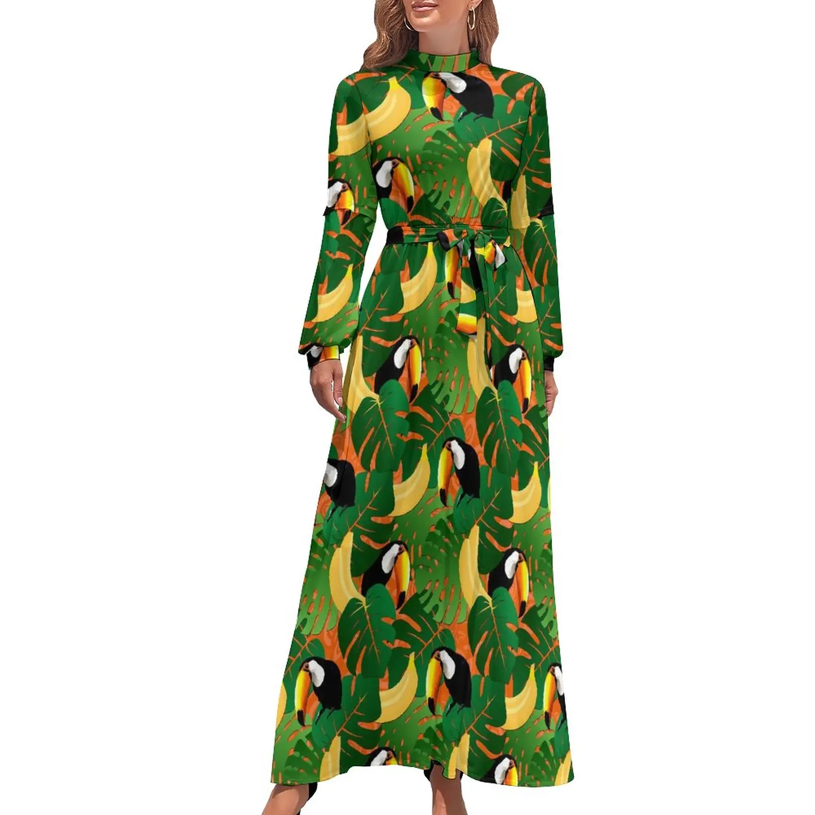 Рокля с тропически птици, улични модни плажни рокли с банан принтом, секси дълга рокля макси Kawaii с дълъг ръкав и висока талия