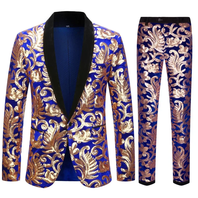 Европейският размер (Сако + панталон Мъжки Костюм Модна Великолепен Синьо Кадифе Костюм Със Златни Пайети Сватбена Рокля на Булката Комплект от 2 части