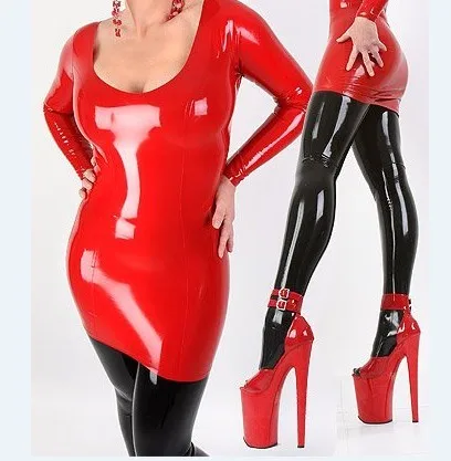Секси рокля Гумените Red от 100% латекс от каучук с дълъг ръкав, включително чорапи, удобни, за ролеви игри, партита, дизайн с цип xs-xxl 0,4 мм
