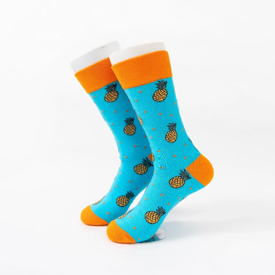 MYORED / 1 двойка от есенно-зимни нови модни мъжки чорапи със средна дължина, със сини дъното и шарките на ананас