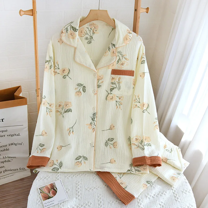 Пролет-есен пижами, риза с дълъг ръкав, Панталони, дамски ежедневни жилетка от 100% памук и крепа, домашно облекло, костюм от две части