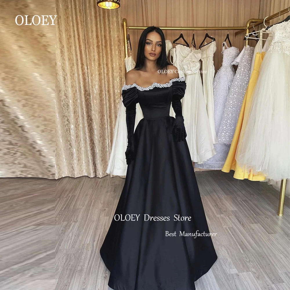 OLOEY Pearls Черни вечерни рокли с трапецовидна форма, с отворени на раменете Ръкавици Дубай Арабски дамски рокли за бала Вечерна рокля vestidos