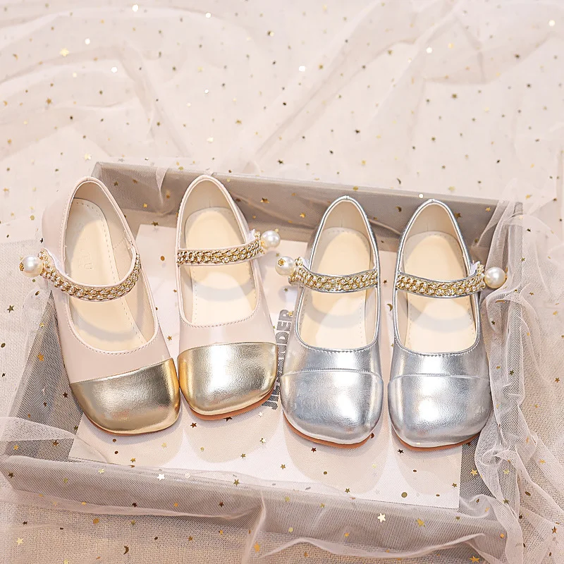 Детски обувки за момичета в стил мозайка, лъскава модни и ежедневни детски обувки от сребро кожа за деца, обувки Mary Jane, на равна подметка с фин перли
