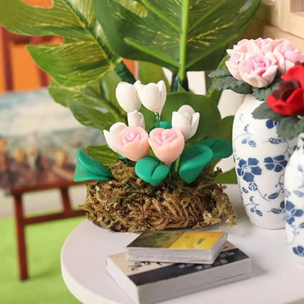 Куклена къща Бонсай Нежна гладка глинена умален модел на рози, играчки за ролеви игри начало декор