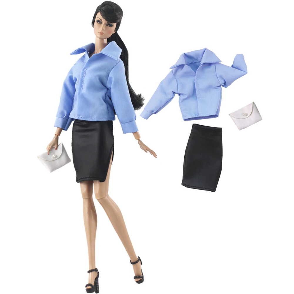 1 Комплект модерен професионално костюми: Синя риза + черна пола + бял клатч за Барби кукли, аксесоари за момичета в подарък