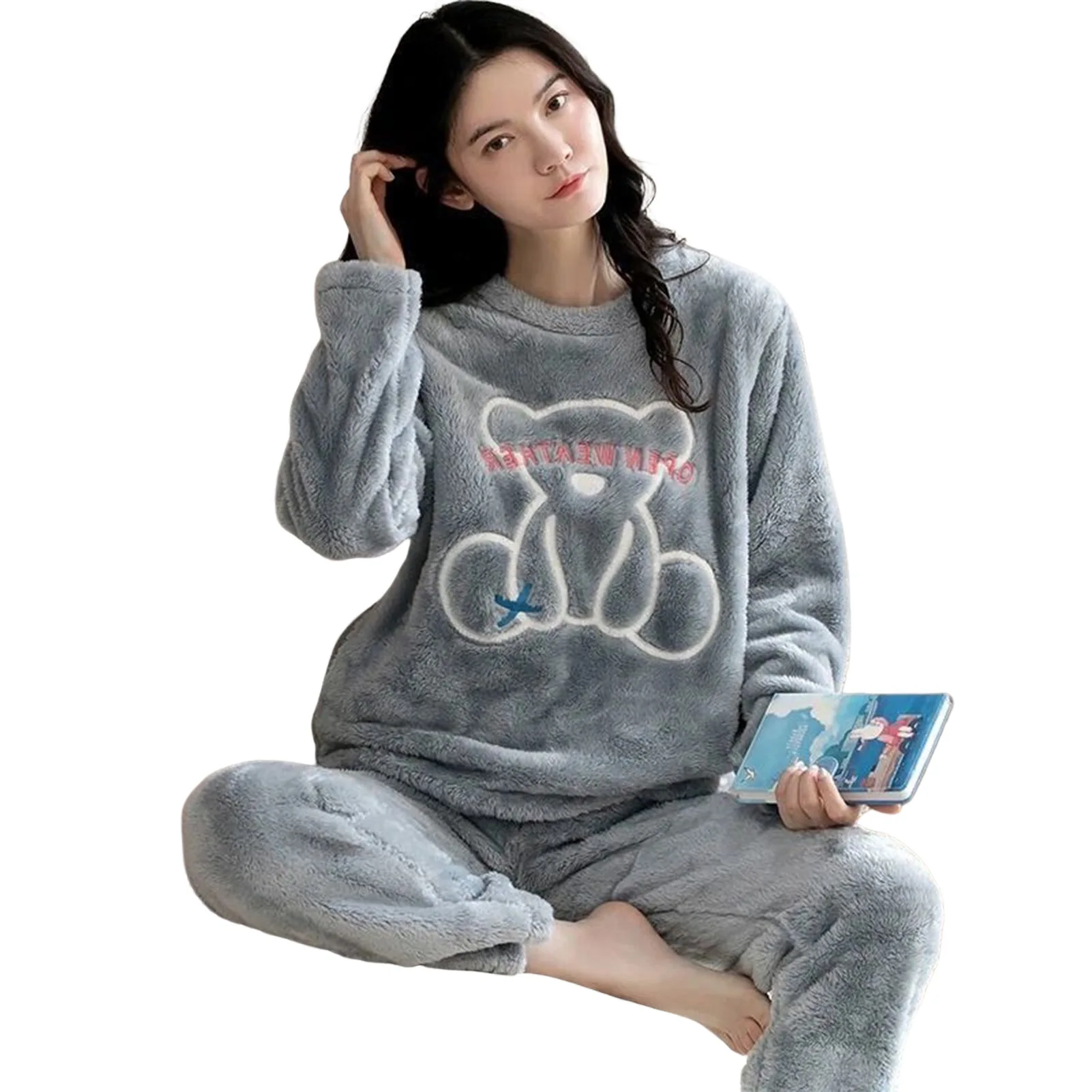 Дамски зимни фланелен пижамные комплекти, пижамный комплект с хубав принтом, топ и панталон с дълги ръкави, подходящ за домашно облекло