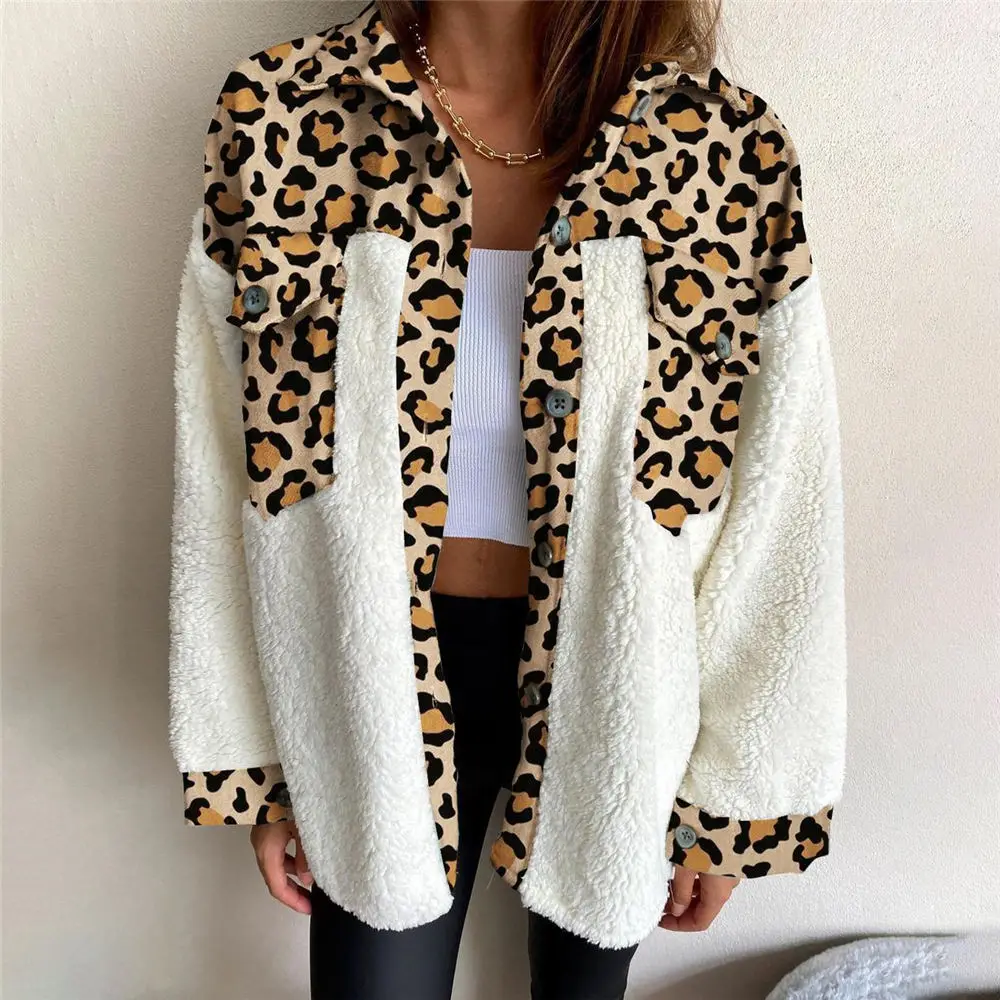 Жена Леопардовый пуловер от шерпи, Fluffy плюшено мек вълнен плат жилетка, Леопардовая топла риза, Дамски зимни градинска облекло
