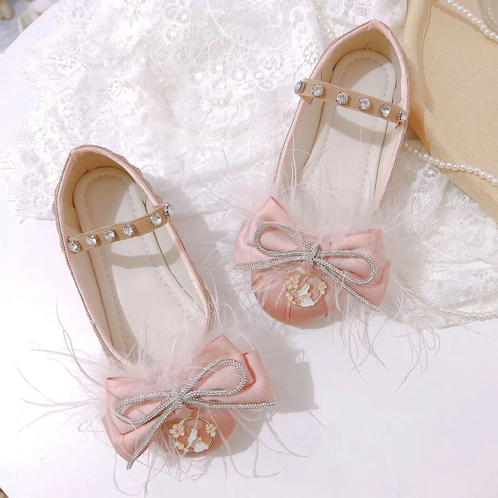 Луксозни Дамски обувки с плоска подметка с пера и лък, кристали, балет апартаменти Mary Janes, розово кадифе, балет апартаменти принцеса на партита и сватби