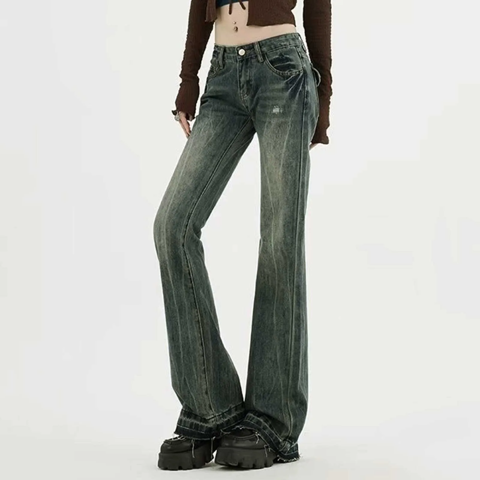 Дамски широки дънкови панталони Y2k с висока талия, градинска облекло в стил E Момиче, модни реколта дънкови панталони