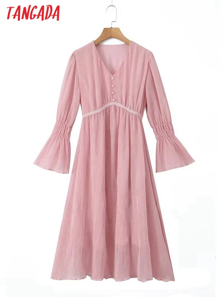Дамско розово плиссированное шифоновое рокля Tangada 2023 с подплата, женствена рокля с V-образно деколте 8H55
