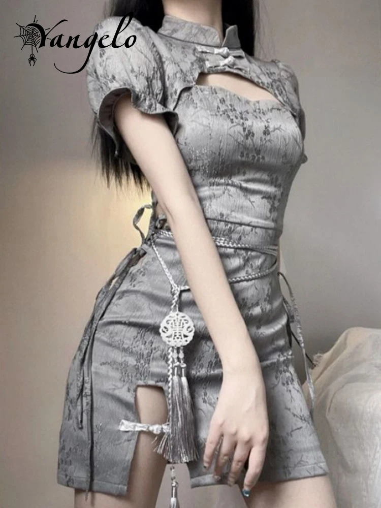 Yangelo, Ново китайското рокля Чонсам, Женствена рокля с разрезным яка-ботуш и къс ръкав в стил Пънк, Лятно Дебнещ Мини-рокля