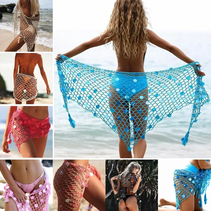 Crochet шал с пайети, Бански, дамски накити, секси сутиен, пола, бикини, новост 2023 година, плажен костюм плуване, бански, Плажна хавлия
