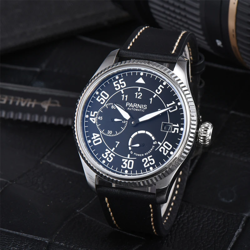 Модерен мъжки часовник Parnis сребро корпус 45 мм, автоматични механични часовници, календар, кожена каишка, ръчни часовници за мъже relogios masculino