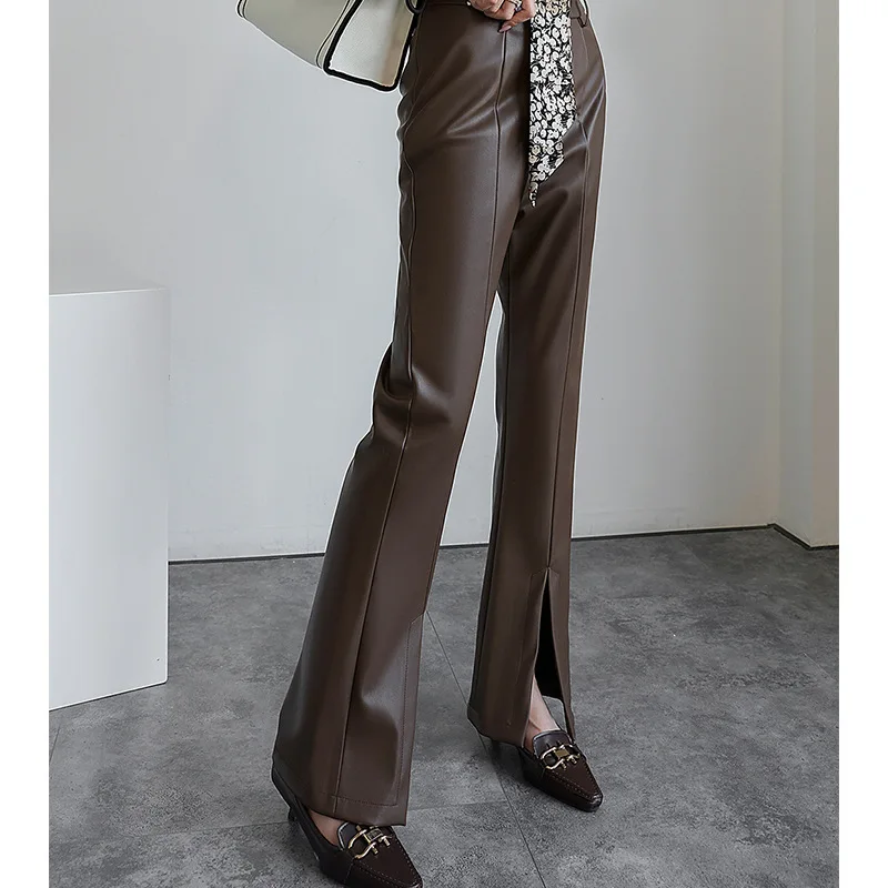 Панталони от спилка 2022 Черен Пу Елегантен Всекидневен Лесен Луксозен стил, плътно прилепнали панталони с висока талия, зауженные панталони