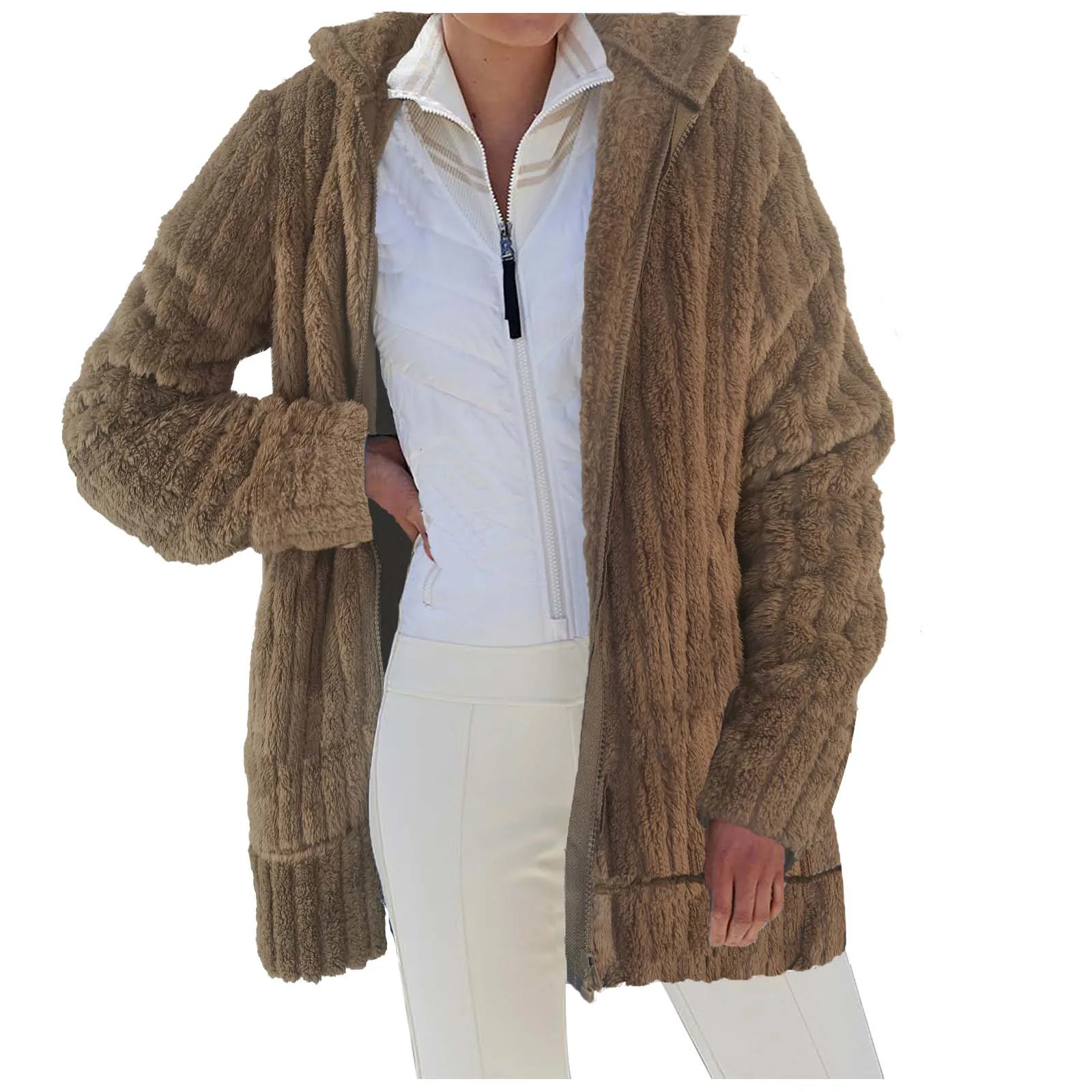 Ново дамско топло есенно-зимния вълна палто с качулка от однотонного плюш с джоб с цип