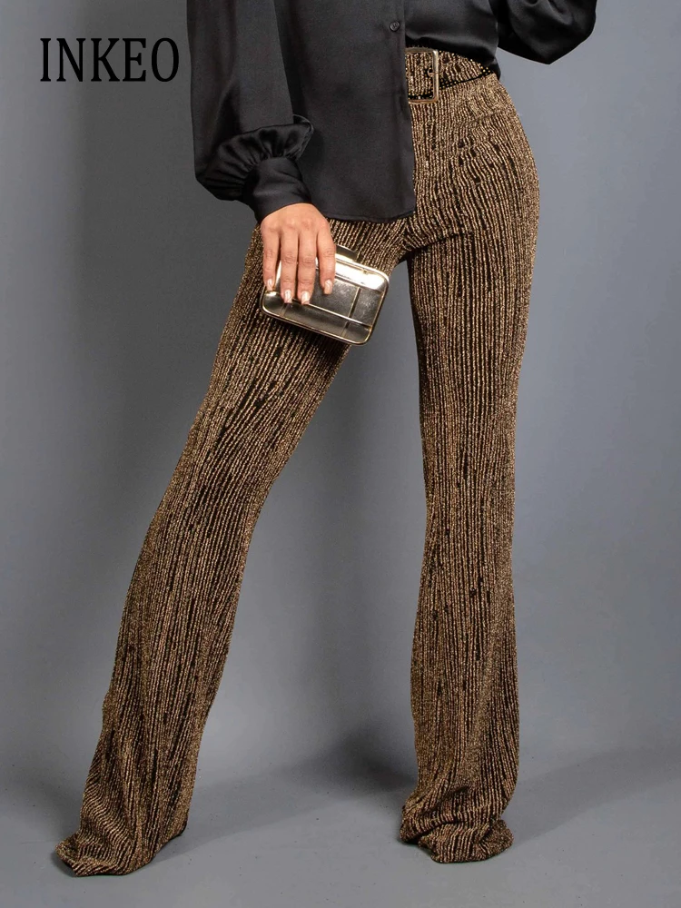 Луксозни разкроена панталони с блестящи кристали за жени 2023, Нови Стилни дълги панталони с висока талия и колан, златни реколта панталони INEKO 3B018