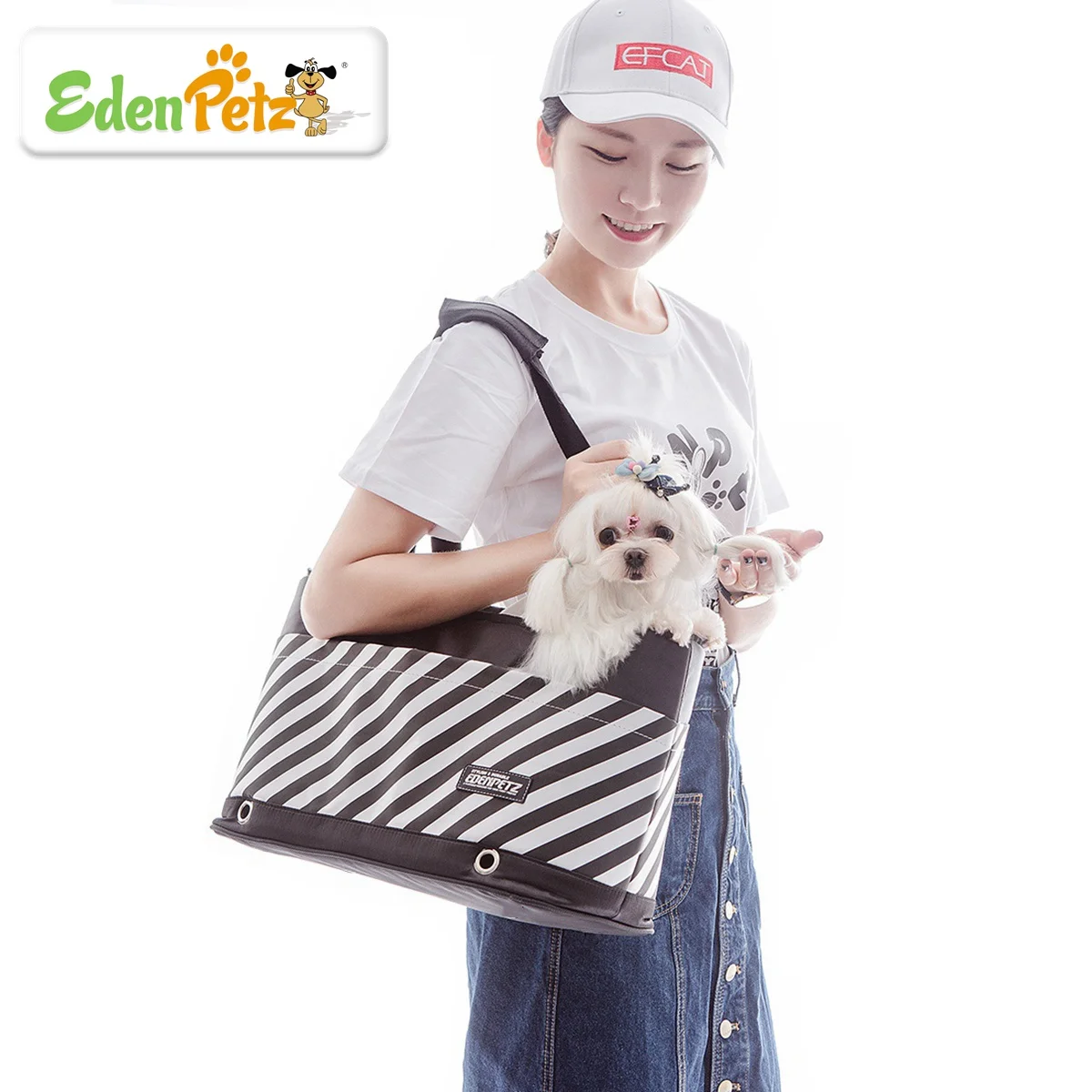 Чанта-переноска за кучета и котки Edenpetz максимално натоварване 5 кг, пътна чанта в тъмно-синята ивица, чанта за домашни любимци през рамо