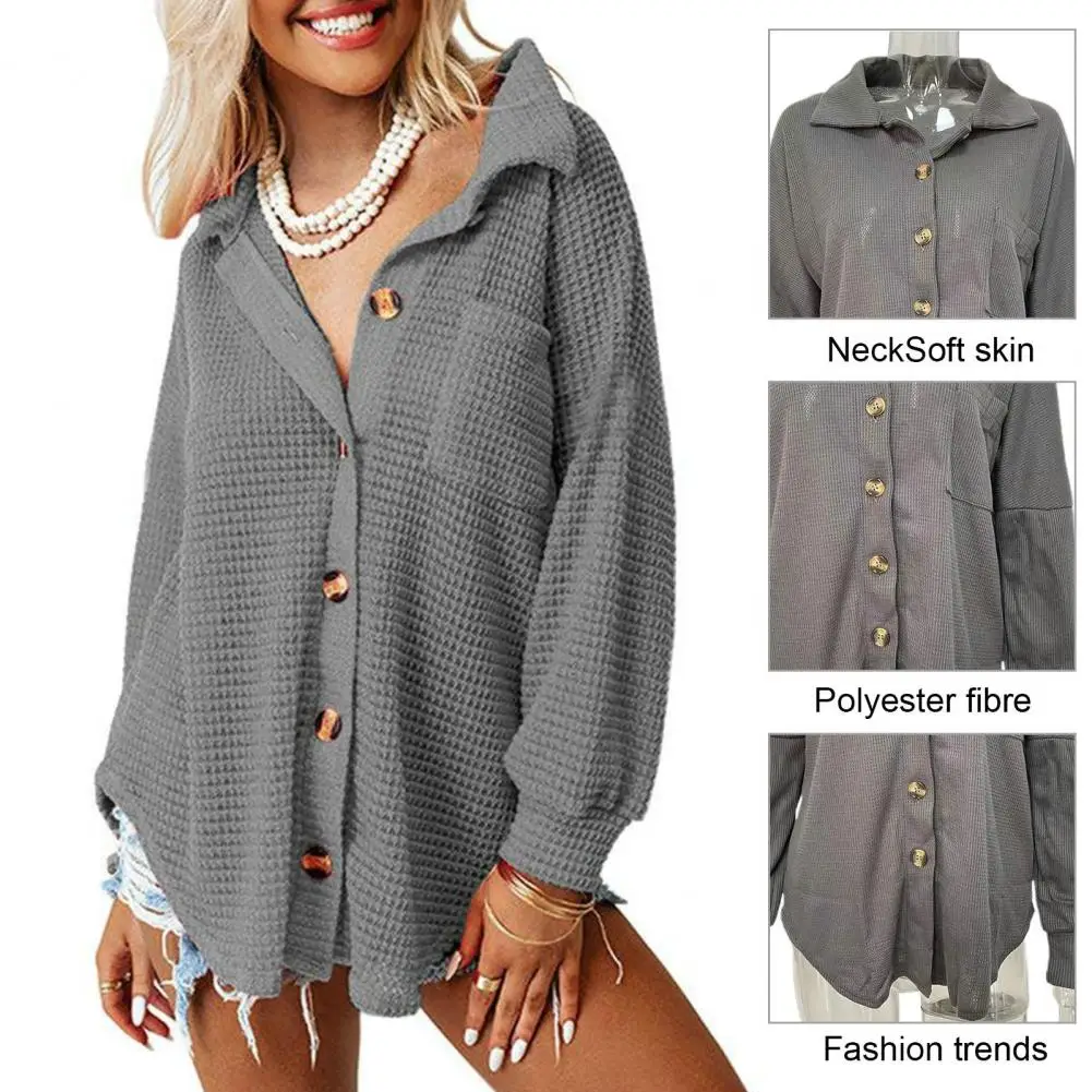 Лека риза е Стилен женски жилетка копчета свободно, намаляване, нередовен подгъва, гофрети, трикотаж за есенно-пролетна мода, риза обичайното намаляване.
