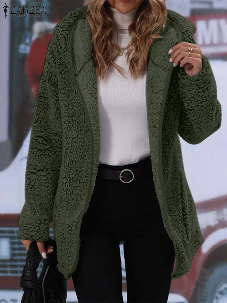 ZANZEA 2023, есенно-зимно дамско плюшевое палто, топло свободна яке с качулка, копчета, отгоре с дълъг ръкав, Горна дреха с качулка на големия размер, с джоб