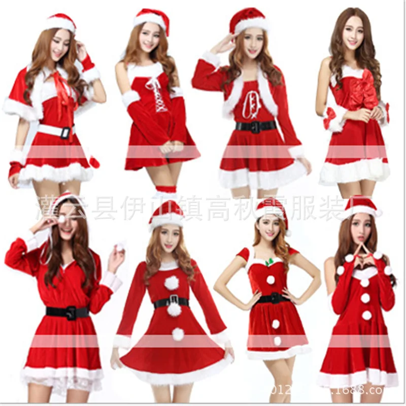 Коледна рокля, дрехи за изпълнения на сцената, Сексуална златни кадифени ръкавици, Коледен костюм, Класическа коледна червена рокля