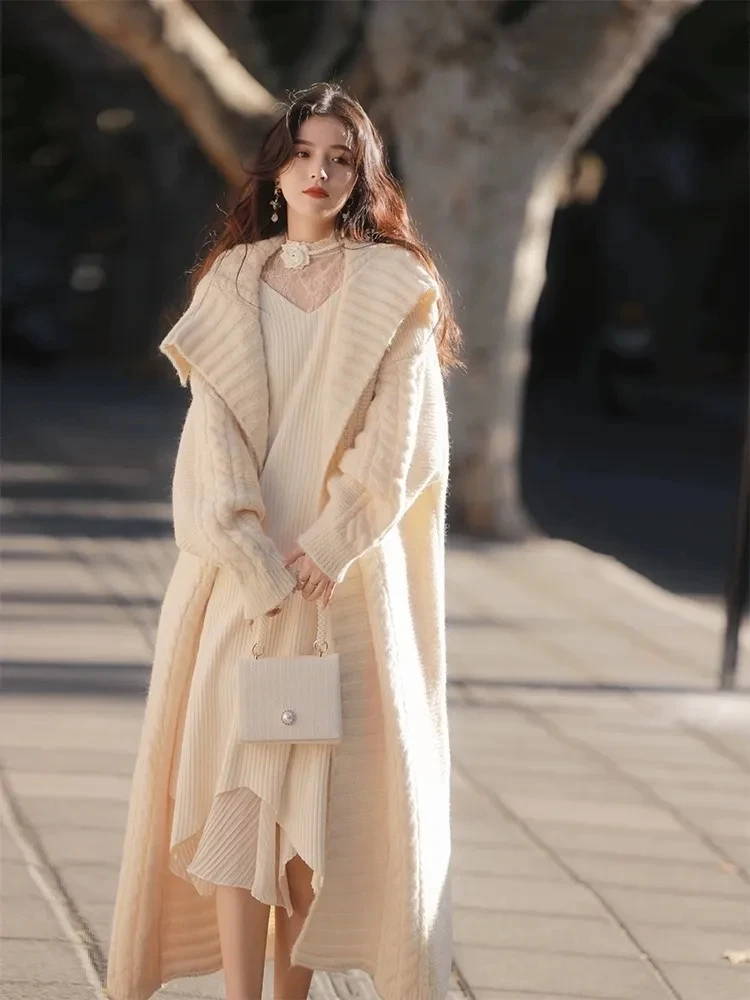 Жена вязаный жилетка с яка поло, свободен пуловер със средна дължина, ново палто с припокриване, есен, зима, 2023