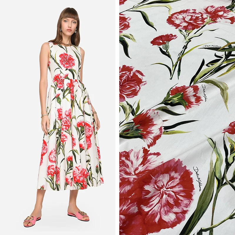Пролетно-летния Европейски и американски модно ревю, кърпа с принтом от чист памук, женски поплин, висококачествен плат с голямо червено цвете