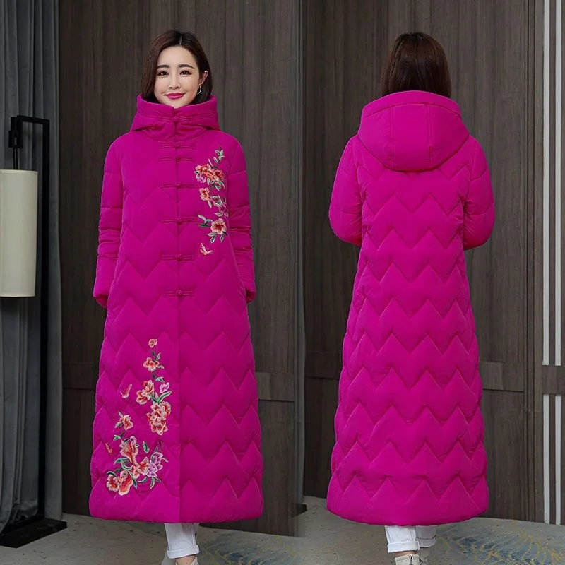 Зимни дамски дълги връхни дрехи с бродерия в китайския национален стил, удебелена топло парка с качулка, женски палта