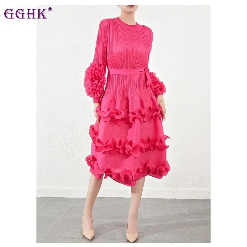 GGHK Miyake, плиссированный дизайн с бродерия на цветя, в Елегантна вечерна рокля, с кръгло деколте и колан, без празничен костюм голям размер