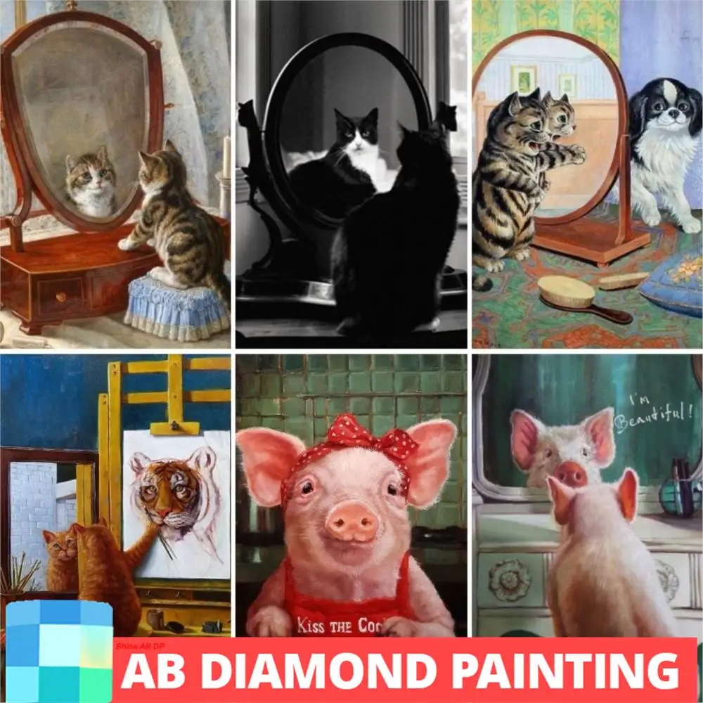 AB Северното сияние, котки, свине, смотрящая в огледалото, диамантена живопис, стенни рисунки за всекидневна, декориране на спалня, плочки, комплекти