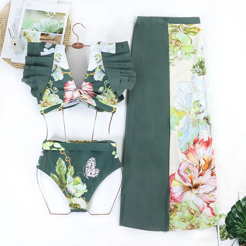 Бикини със зелен принтом и накъдрен, самостоятелна комплект от три елемента, бански костюм с висока талия 2023, плажна пола