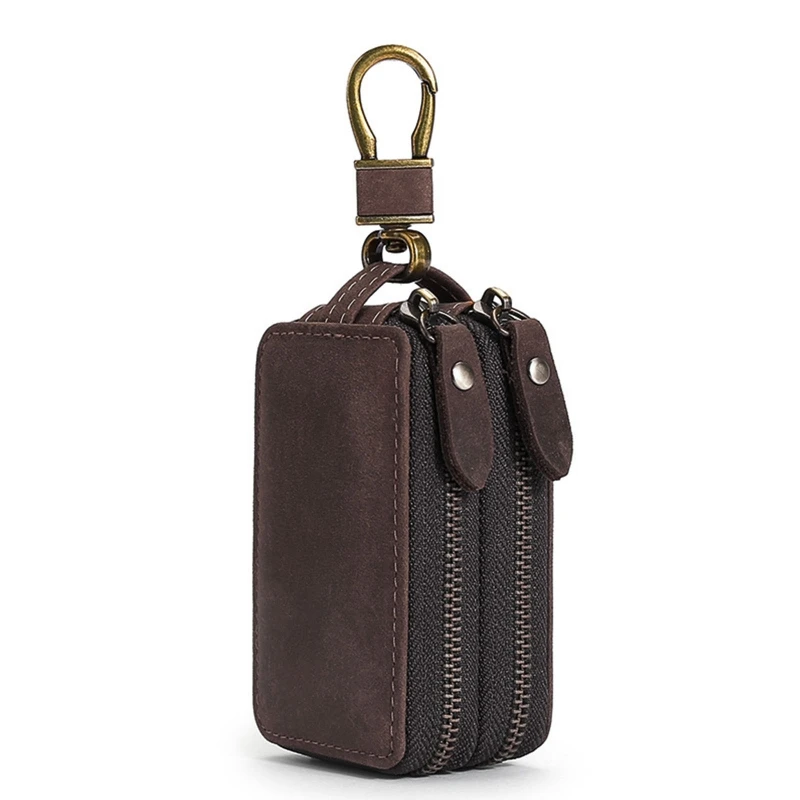 Преносим ретро кожена кола за ключове, чанта-портмонета, двоен джоб с цип за своята практика-ключодържател-чантата