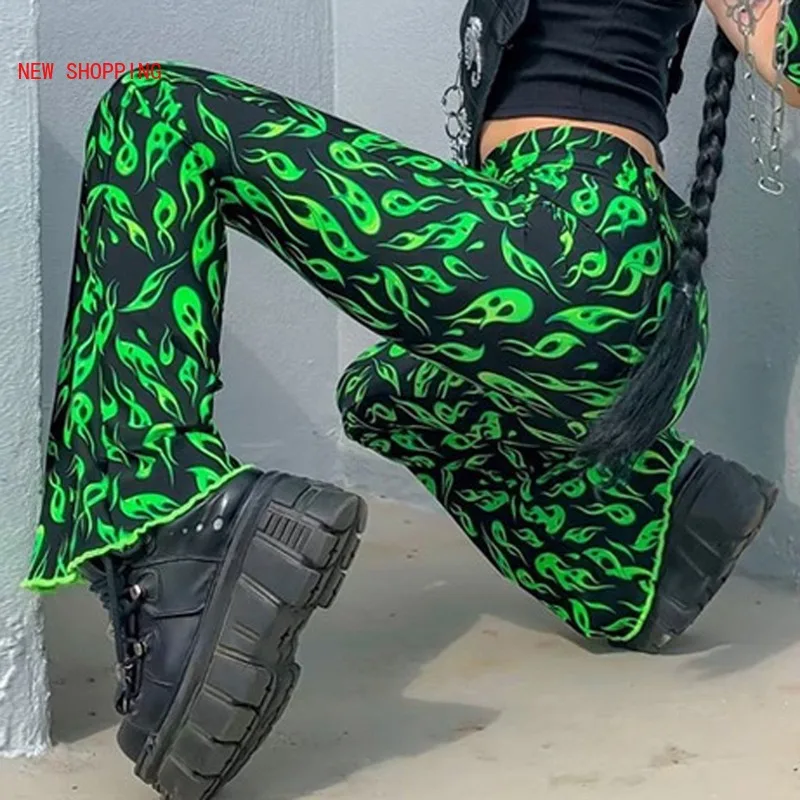 Панталони-клеш с принтом Harajuku Green Fire в стил Пияни Емо с висока талия, расклешенный Спускане, Секси Дамски градинска дрехи, пънк-панталони Y2K, Зима-Есен