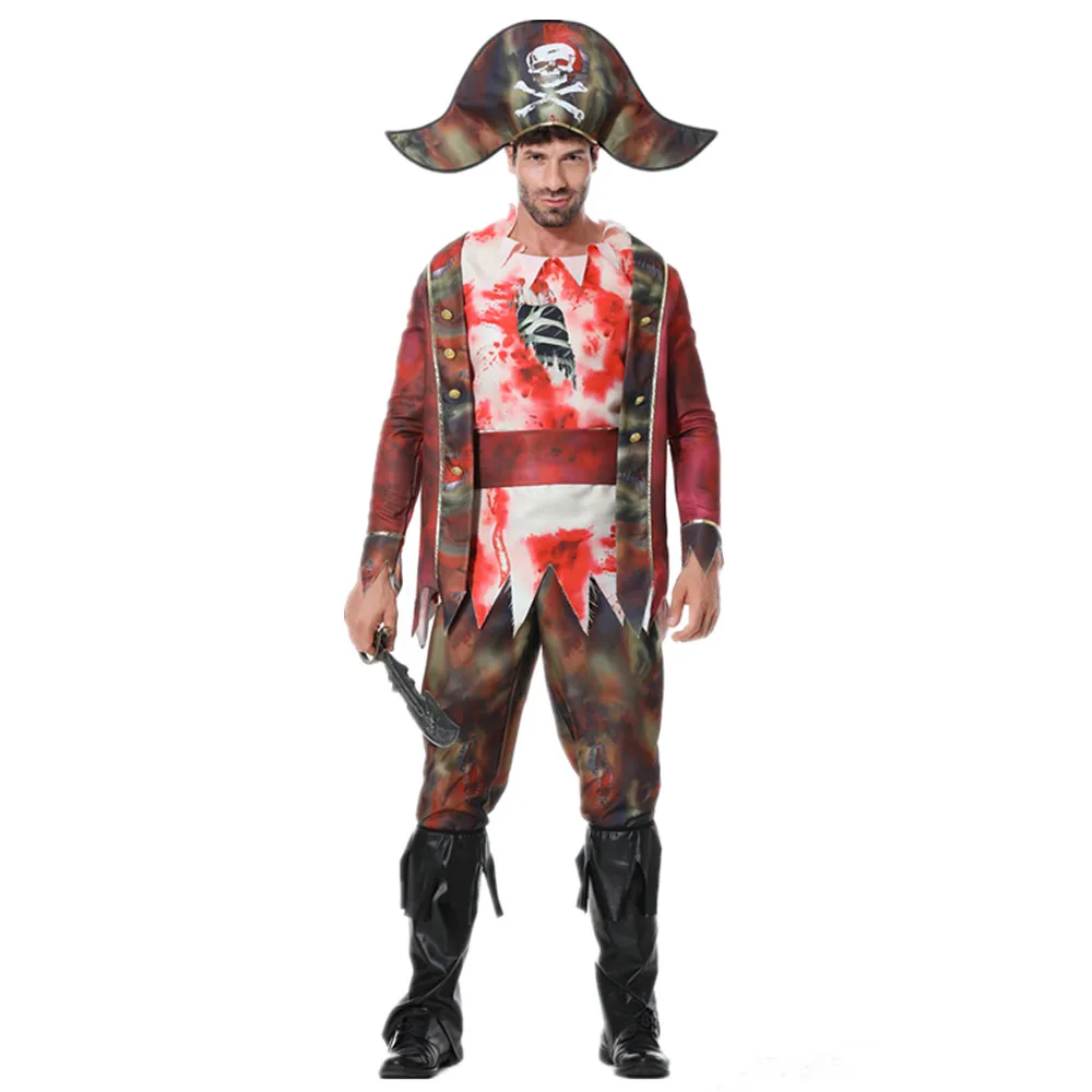 M-XXL Възрастен терор Кървави Зомби Мъжки пиратски костюм Хелоуин Партито Маскарад на Cosplay Призрак Череп Капитан Облекло костюм