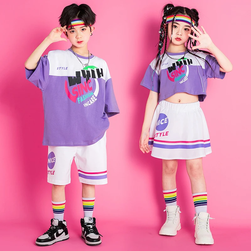 Детска лилава риза в стил хип-хоп, топ, бели къси панталони, мини-пола за момичета и едно момче в комплект с костюми за джаз танци, тийнейджърката облекло за изпълнения на група за подкрепа