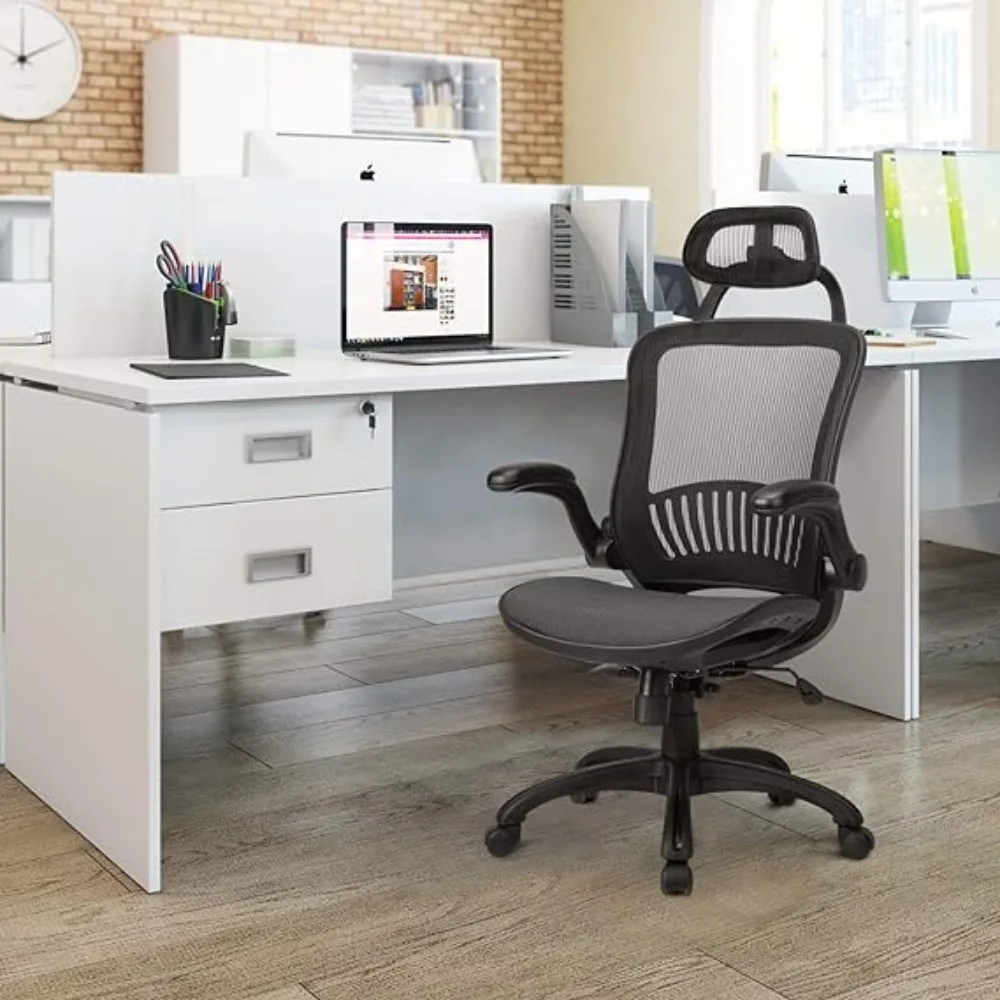 Офис стол сетчатое компютърен стол с лумбална опора, облегалката за глава, откидывающимся подлакътник, регулируем работен фотьойл на колела, черен