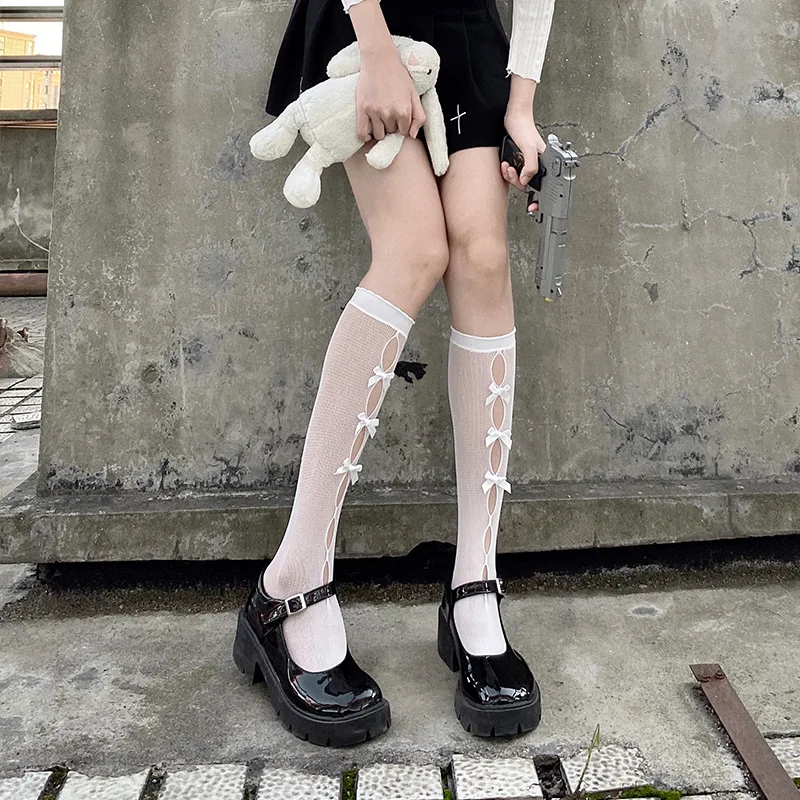 Бели летни фини дамски чорапи с бантиком от телешка кожа, JK, модни чорапи в японски стил за пролет, есен и зима