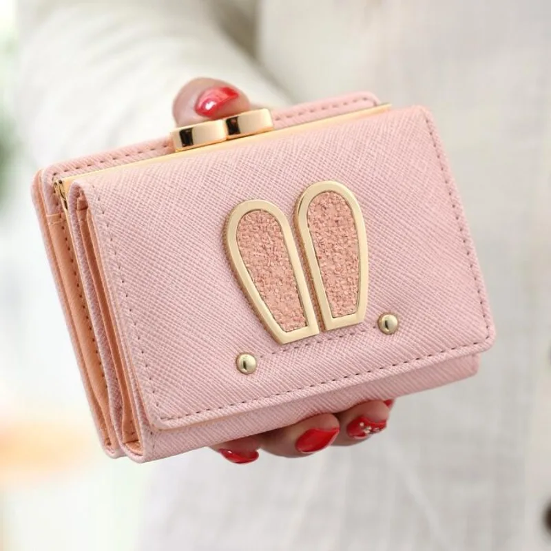 Нов дамски портфейл, дамска къса японски и корейски мини-заешки уши, студентски сладък чантата с катарама, метален в чантата си Прост