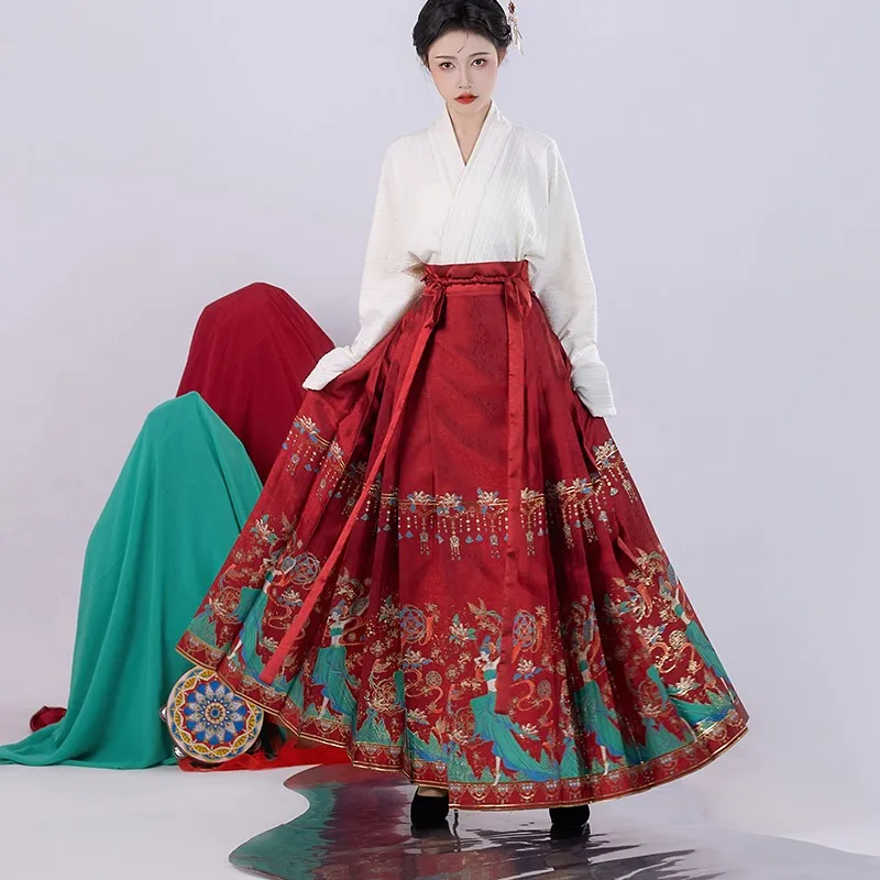 Оригинална рокля Hanfu, Нова пола в китайски стил с конете муцуна, червен дамски дълга пола за пътуване до работа, рокля Mamian с палто
