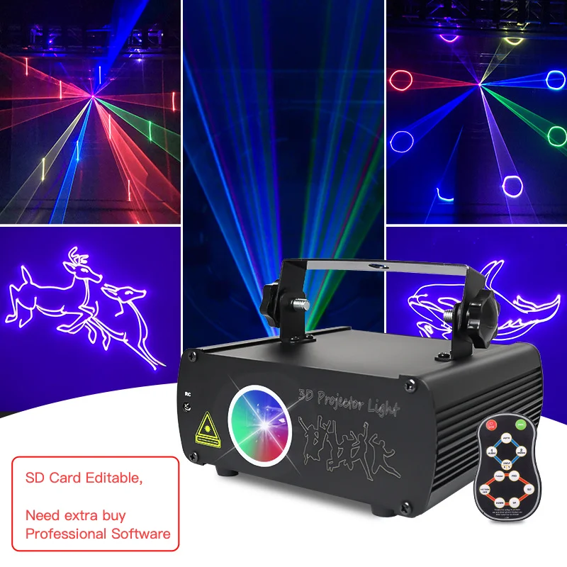 3D Анимационен лазерен проектор RGB Сценично светлинно шоу с дистанционно управление DMX DJ Парти Сватбена дискотека Лазерна светлина с възможност за редактиране на SD картата
