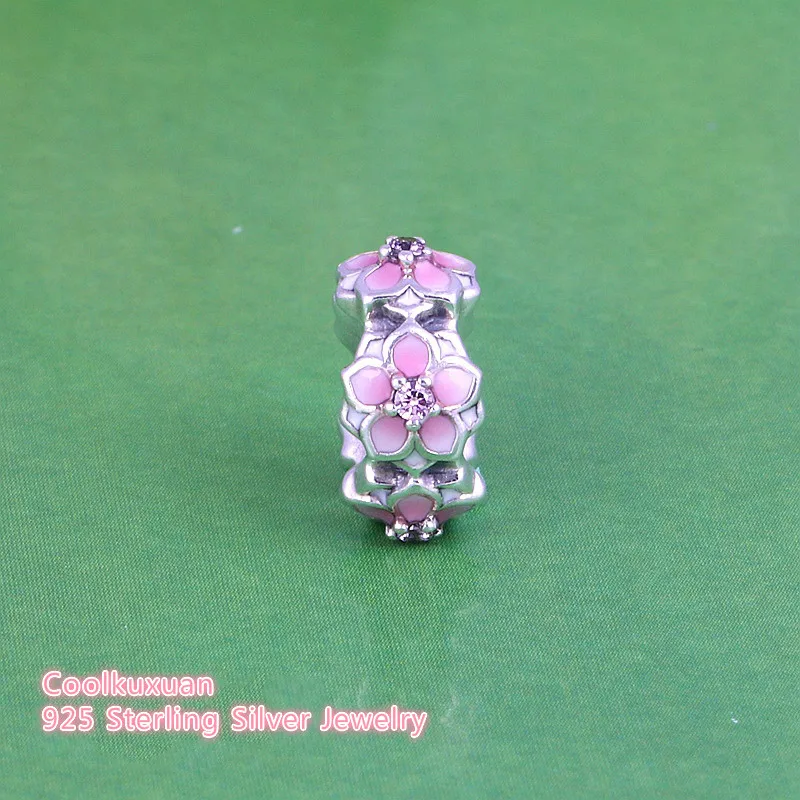 Топчета-разделител Spring Magnolia Блум от 925 сребро, емайл, розови мъниста-мъничета за цветя CZ, подходящи за гривни Пандора